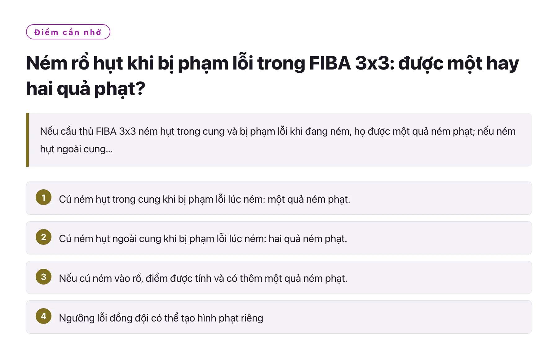 Ném rổ hụt khi bị phạm lỗi trong FIBA 3x3: được một hay hai quả phạt?——全文要点速览